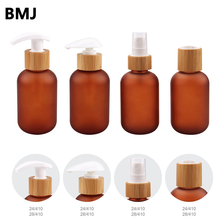 Factory Manufacturing 60 120 250 300 500 Ml Bamboo Cosmetic Packaging Set Amber Bamboo Pump Bottle with Spray Pump