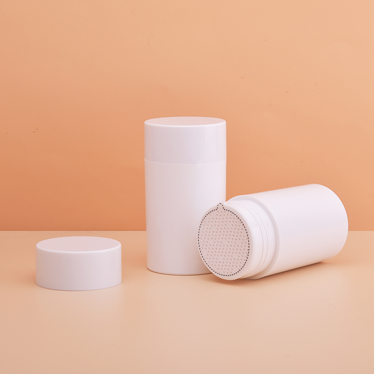 Empty PS PP ABS Plastic Baby Talcum Powder Bottle 80g with Twist Sifter Cap Loose Powder Container Custom Logo Packaging