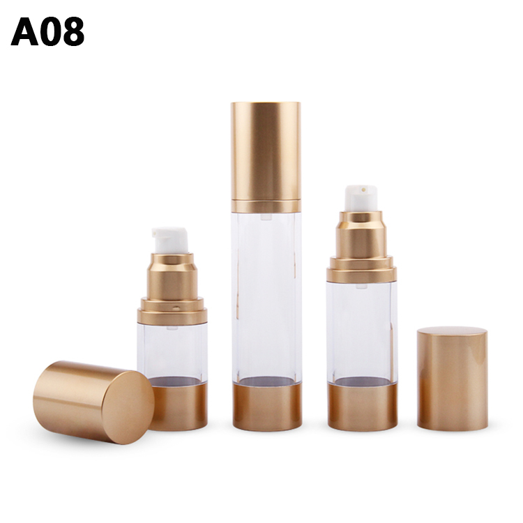 Personal Care Cosmetic Packaging AS PP PE 15/30/50ML Transparent Airless Pump Bottle Cosmetics Gold