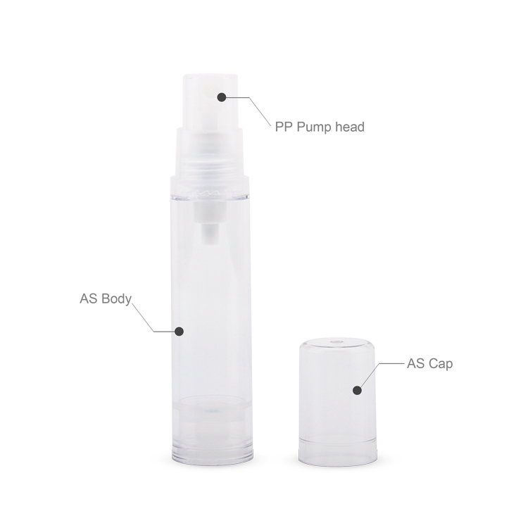 Personal Care Packaging Cosmetic AS PP PE 5ml 10ml 12ml 15ml Transparent Luxury Airless Pump Cosmetic Bottles